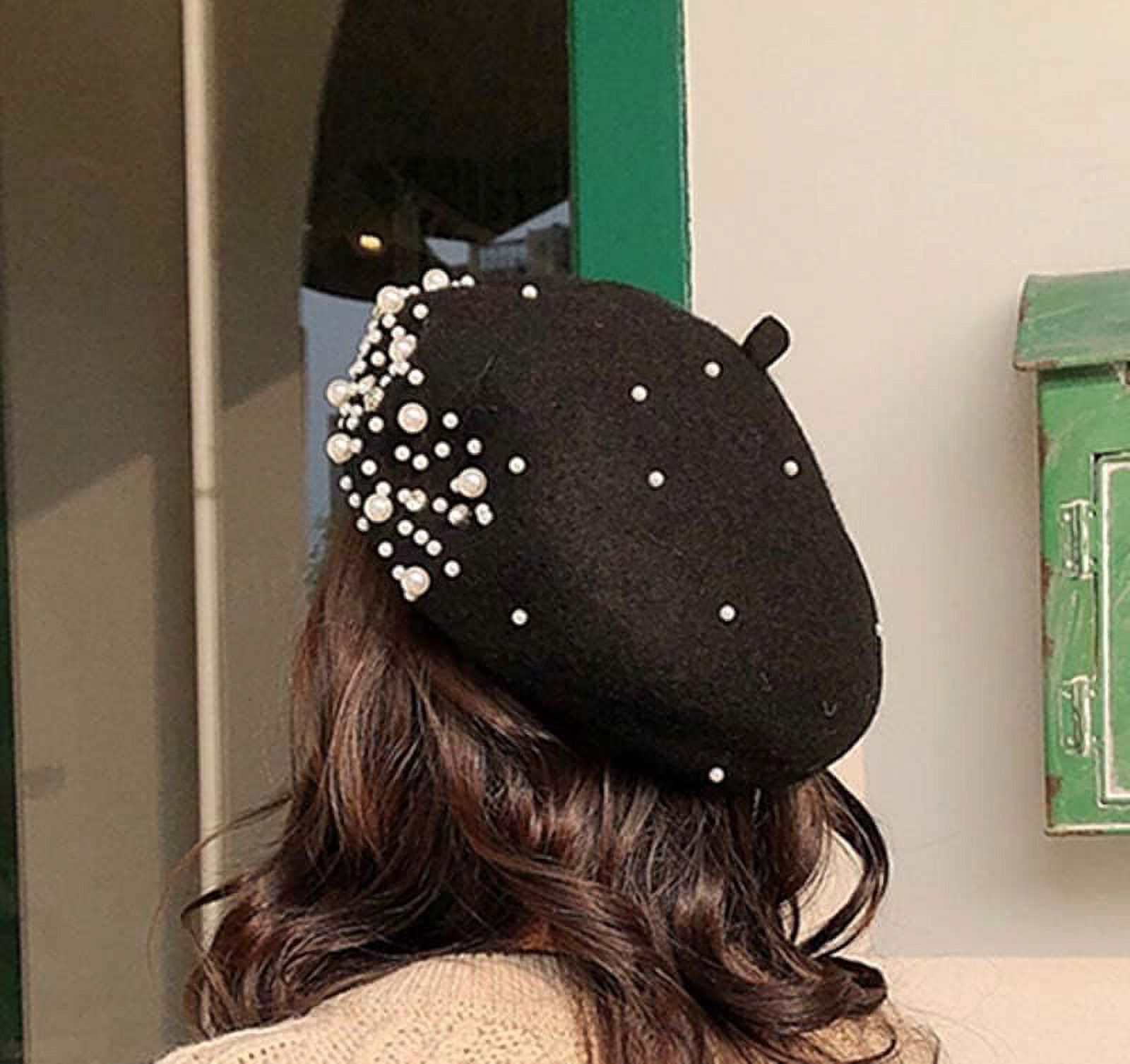 Women Girls Beaded Pearl Rhinestone Wool French Beret Hat  display picture 2