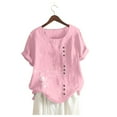 thumbnail image 3 of FAVIPT Short Sleeve Linen Tops for Women Elegant Floral Print Tops Button Down Round Neck Blouses Casual Dressy Summer 2025 Tunics Pink,XL, 3 of 4