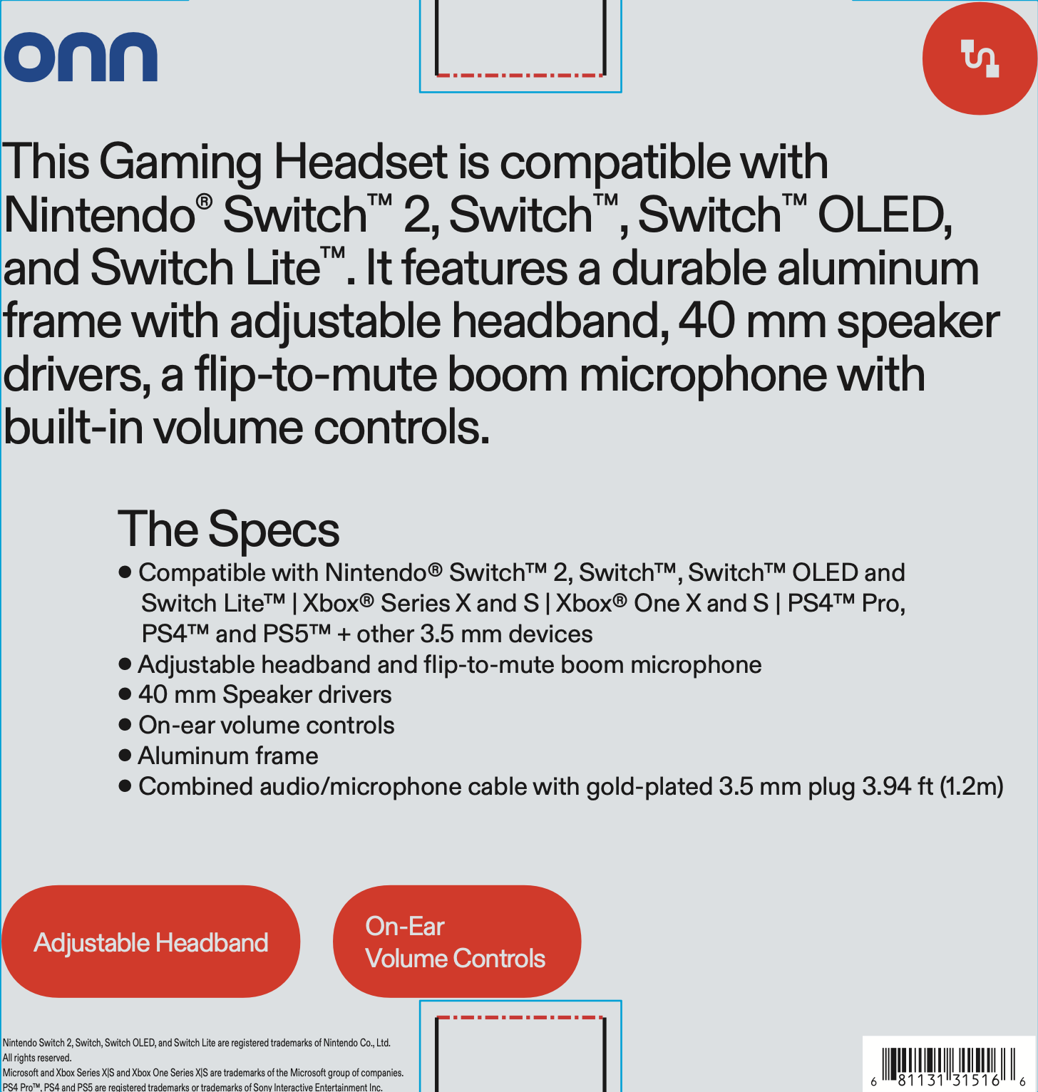 Auriculares gamer con cable onn con conector de 3.5mm, micrófono con silencio por giro, acero ligero, para Nintendo Switch 2 2