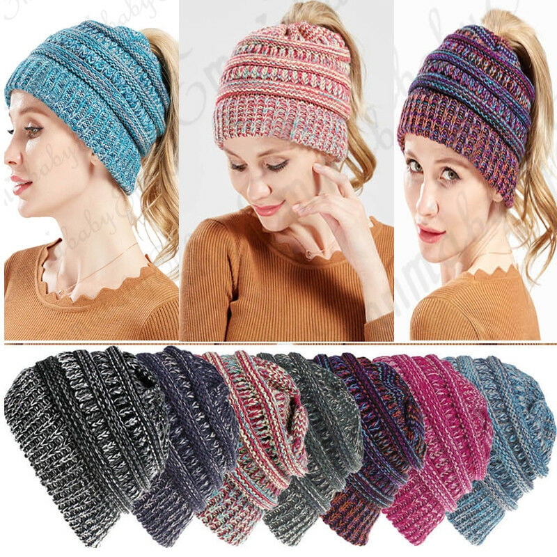 Womens Messy Bun Hat Winter Warmer Ponytail Beanie Stretchy Knitwear Crochet Cap