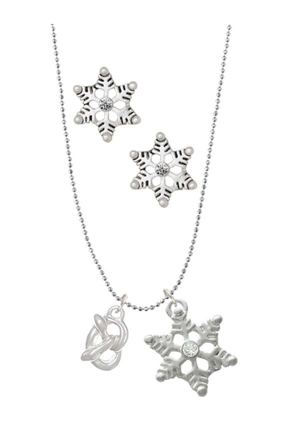 Silvertone 3-D Pretzel Silver tone Snowflake Charm Necklace and Stud Earrings