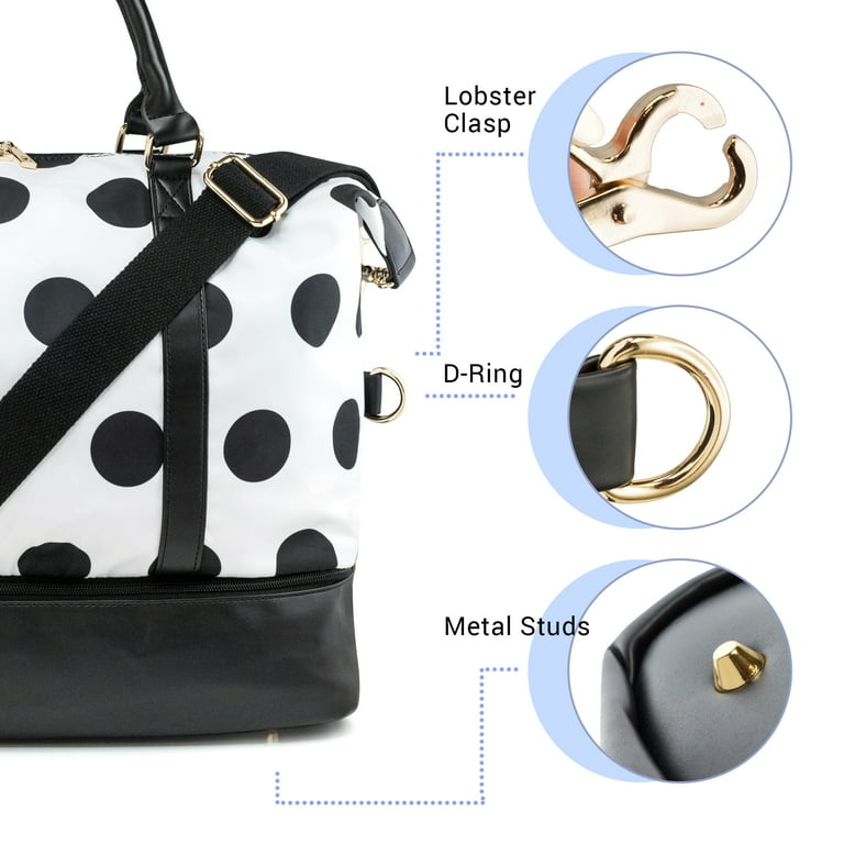 Weekender Bag Travel Duffle for Women Men Overnight Carry On Tote with Shoe Compartment and Luggage Sleeve White Base Black Polka Dot