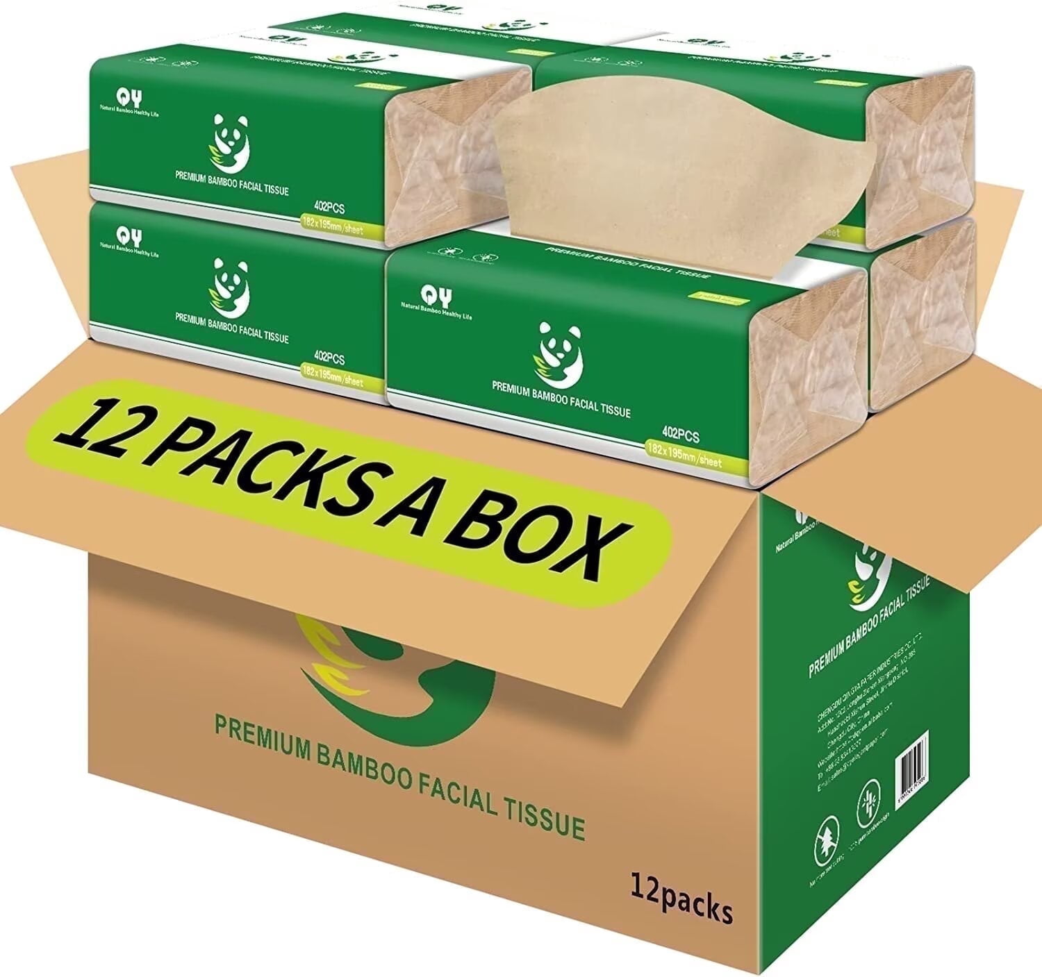 QingYa Bamboo Facial Tissue, 3 Ply Soft Unbleached Facial Paper, 12 Packs, 134 Tissues per Pack