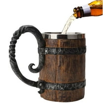 Uxgjfwu Wooden Beer Mug Handmade Barrel Design Stainless Steel Double Wall with Handle for Bar Home Cocktail Drinks