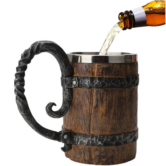 Uxgjfwu Wooden Beer Mug Handmade Barrel Design Stainless Steel Double Wall with Handle for Bar Home Cocktail Drinks