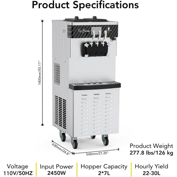 2450W Commercial Ice Cream Machine, Output of 22-30L/h, Dual 7L Hoppers, Makes Three Flavors, LCD Panel, Automatic Cleaning, Ideal for Restaurants and Coffee Shops