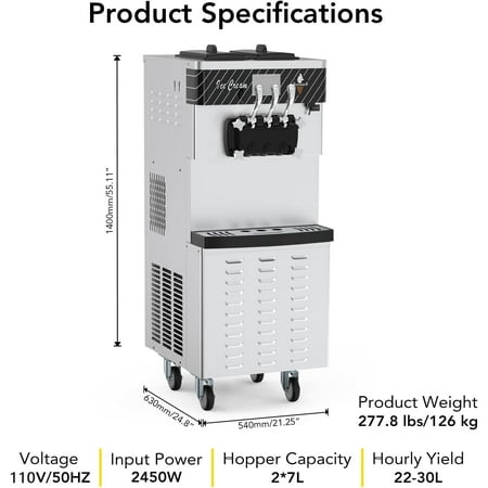 2450W Commercial Ice Cream Machine, Output of 22-30L/h, Dual 7L Hoppers, Makes Three Flavors, LCD Panel, Automatic Cleaning, Ideal for Restaurants and Coffee Shops