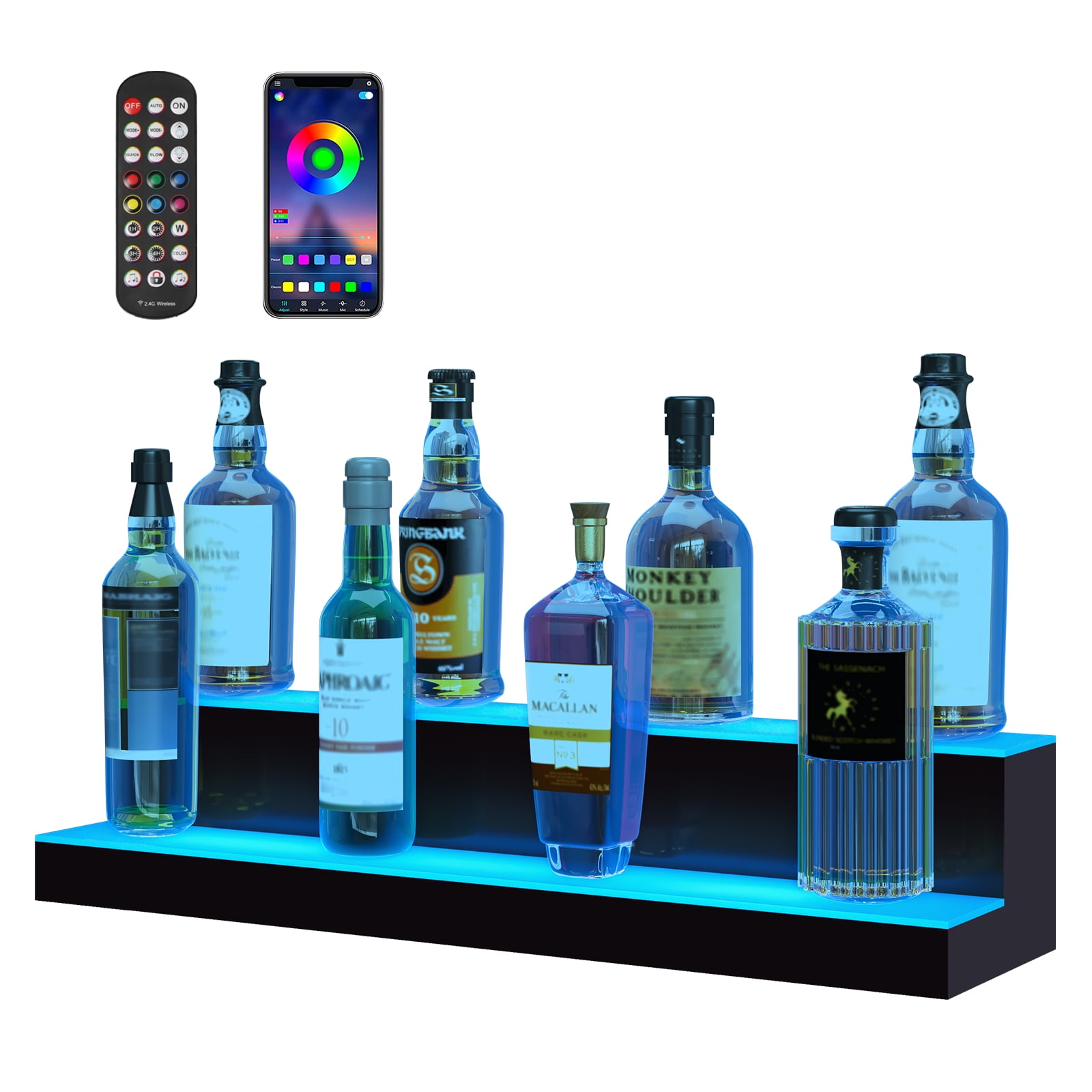 KFFKFF Illuminated Beverage Display, Dual-Level 30 Inch Professional Home Bar Counter, Two-Tiered Whiskey Holder Stand, Acrylic Beverage Racks with RF Remote & App Management, and Color Illumination
