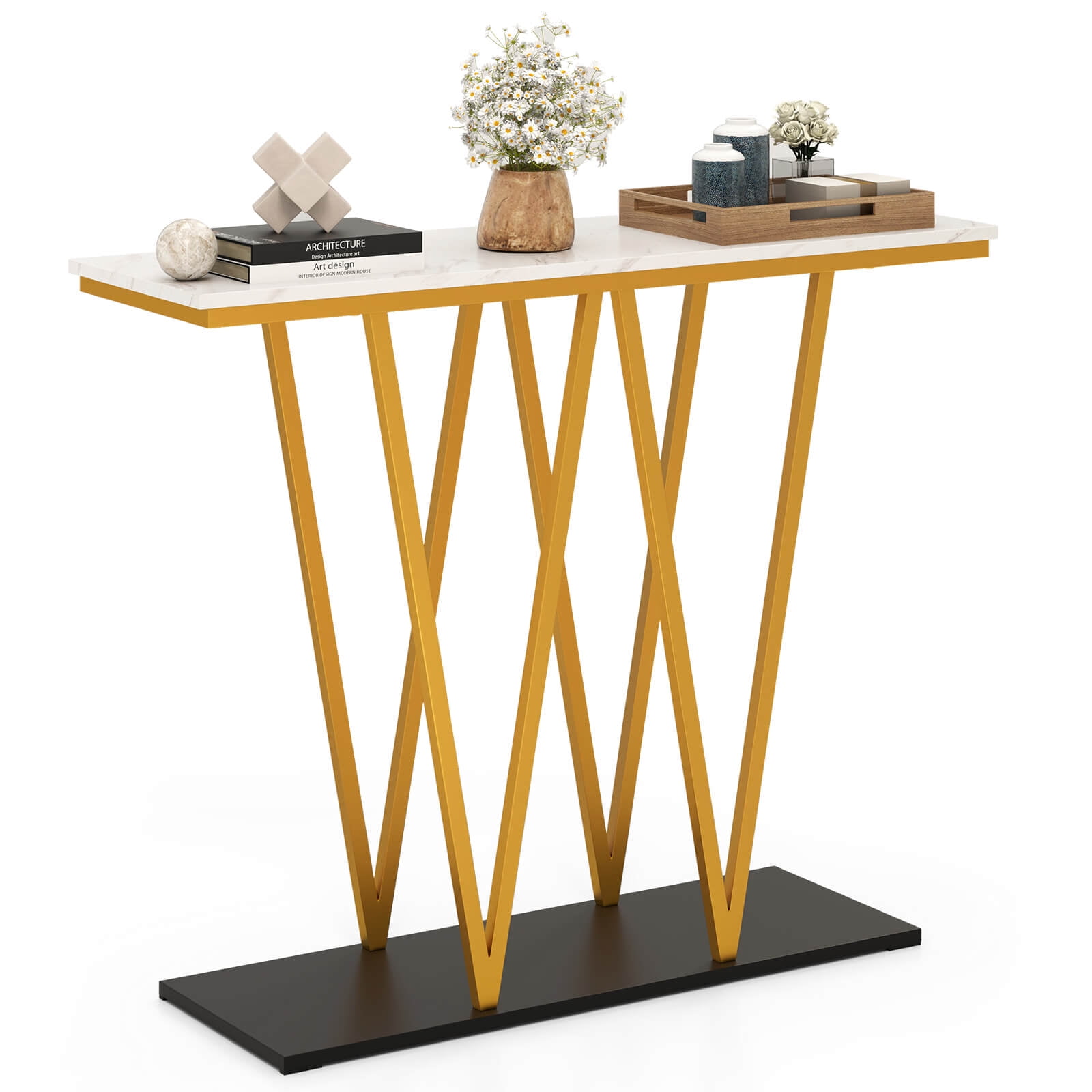 Costway 40” Gold Entryway Table with Faux Marble Table & Metal Frame, Storage Base, White