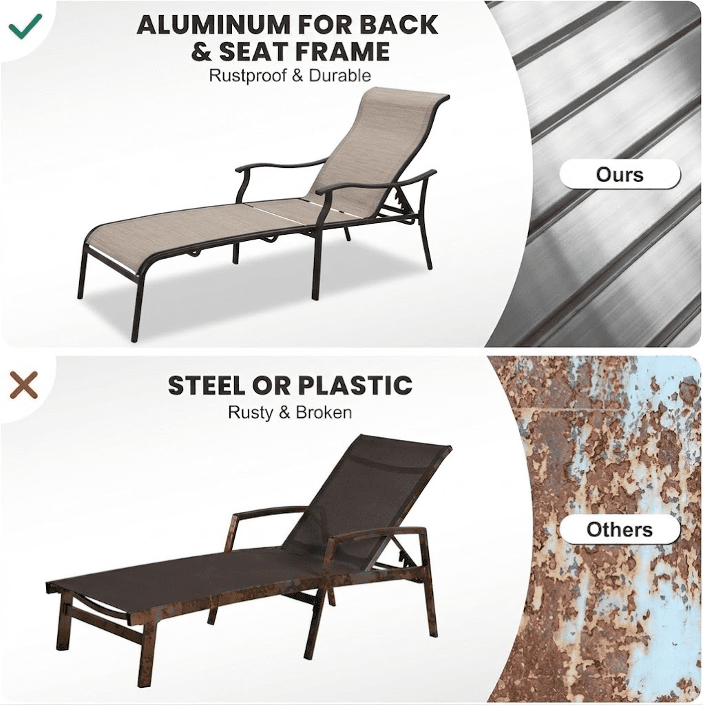 Howcool Patio Chaise Lounge 3 Pieces,Patio Lounge Chair with Glass Coffee Table,Pool Lounge Chair with Breathable Textilene Fabric for Patio Backyard Poolside (Brown)