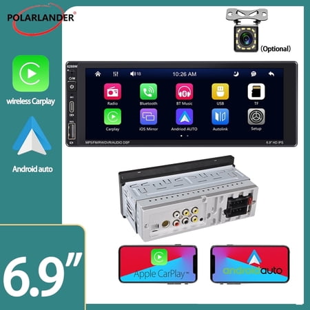 1Din 6.9" With Rear Veiw Camera Car Stereo Type-C Charging Bluetooth AI Voice Mirrorlink Android Auto Multimedia MP5 Player Wireless Carplay FM/AM/RDS