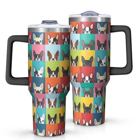 OBREWU Boston Terrier Tumbler with Handle and Lid,Boston Terrier 40oz Double Wall Vacuum Insulated Tumbler,Cups Gift for Women and Men