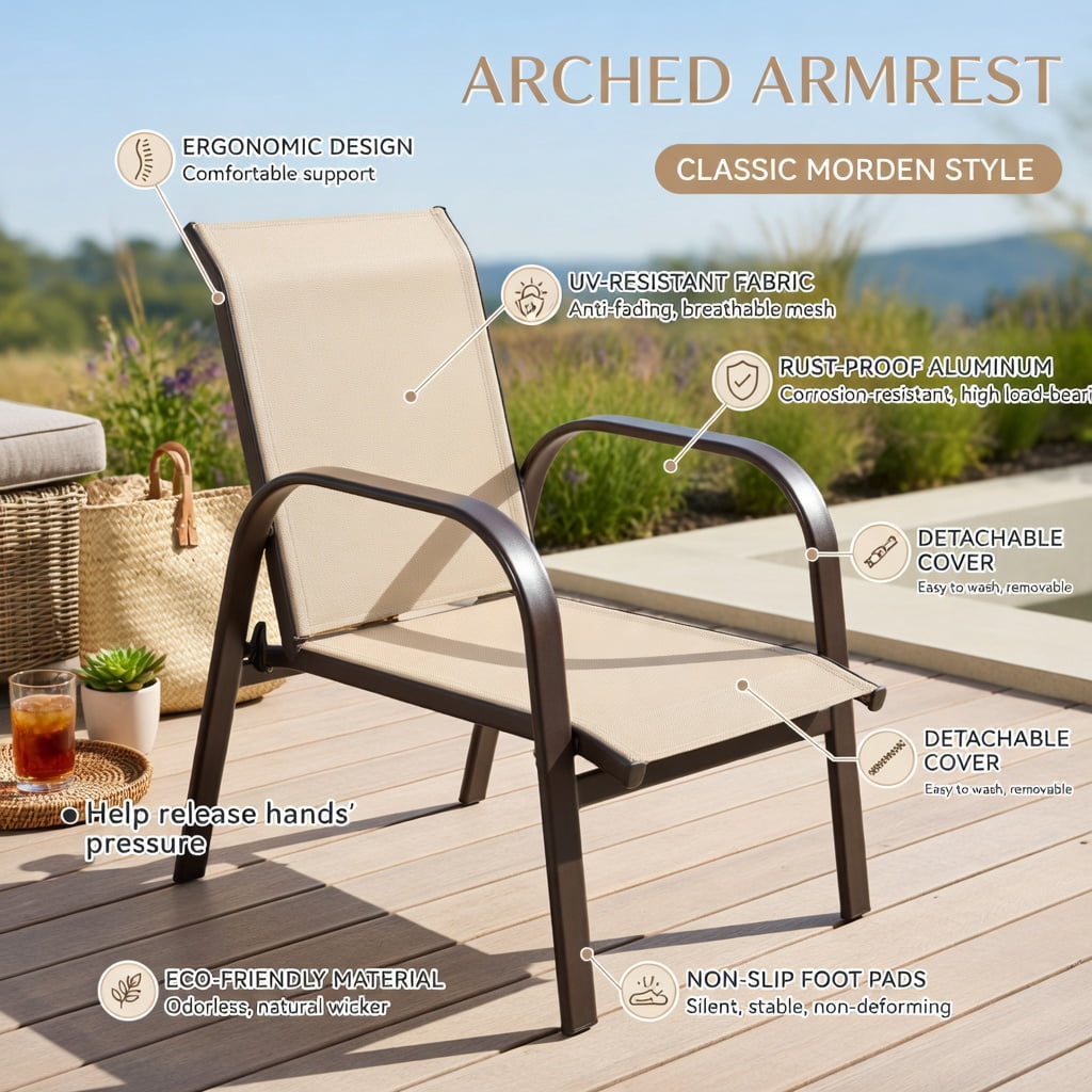 Hommoo 2-Pack Outdoor Patio Dining Chairs with Armrests, Heavy-Duty Steel Frame, Breathable Fabric, Stackable & Easy Assembly for Deck, Pool, Garden & Balcony, Beige