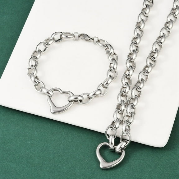 Tarnish Resistant 304 Stainless Steel Cross Chain Jewelry Sets Necklace and Bracelet with Lobster Claw Clasps and Open Heart Links Stainless Steel Color 17 inch 8-1/4 inch~9 inch(210~230mm)