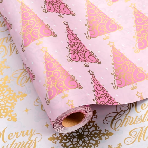 HOMERAL Christmas Wrapping Paper Roll - Pink Gift Wrap with Christmas Tree and Snowflake - Perfect for Christmas - 17 Inch X 33 Feet