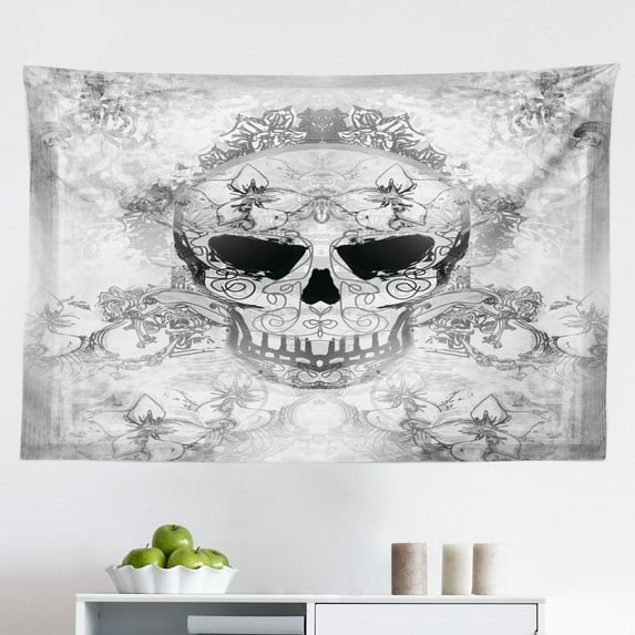 Day of The Dead Tapestry, Dia de Los Muertos Words Spanish Skull Dead Head Skeleton Vivid Print, Fabric Wall Hanging Decor for Bedroom Living Room Dorm, 2 Sizes, Plum Red Cream, by Ambesonne