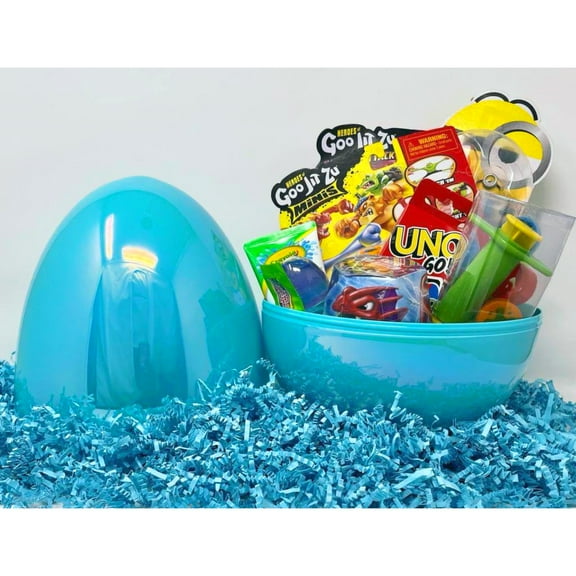 Happy Easter Basket Giant Iridescent Blue Egg Gift Filled with 6 Must-have Popular BOYS Toy Candies Reusable Plastic Egg Hunt Spring Holiday Birthday Party Gift Care Package - Toys May Vary