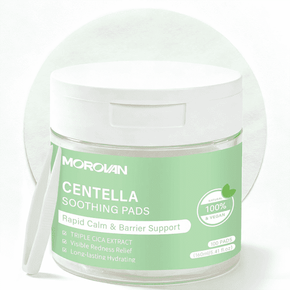 Morovan Centella Soothing Pads with Centella Asiatica & Hyaluronic Acid, Hydrating & Soothing Facial Toner Pads for Gentle Exfoliation,100 Pads,5.41 fl.oz
