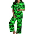 thumbnail image 2 of Halloween Pajamas Women Full Theme Printed Silk Satin 2 Pc Short Sleeve Button Down Lapel Pocket Shirts Loose Straight Casual Pants Comfy Nightwear Fall Winter Loungewear Sets Woman Green XL, 2 of 7