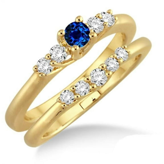1.5 Carat Round Shape Blue Sapphire And Moissanite Diamond Affordable Bridal Set on 10k Yellow Gold