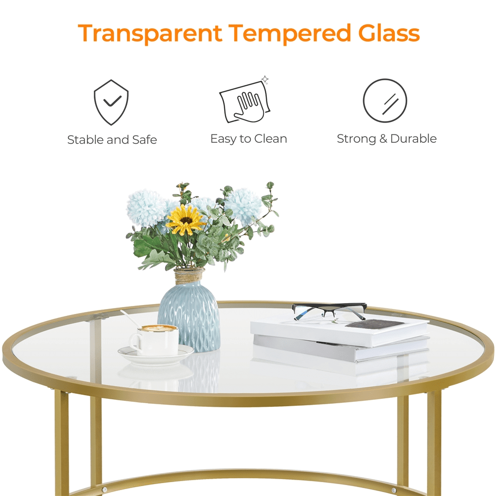Renwick 3 Piece Modern Glass Top Coffee Table Set with Metal Legs, Antique Gold