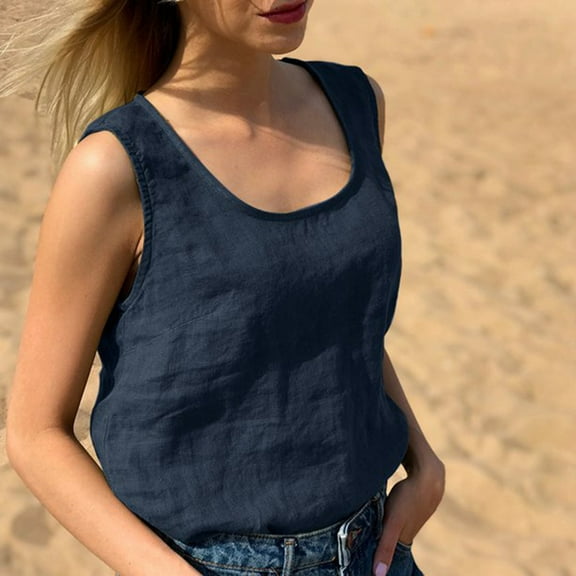 Womens Summer Tank Tops Vintage Cotton Linen Plus Size Loose Going out Shirts Vest Trendy Solid Round Neck Sleeveless Blouses Dressy Navy XXXL