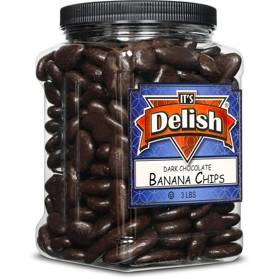 Dark Chocolate Covered Banana Chips by Its Delish, 3 Lbs Jumbo Container Gourmet Dark Chocolate Banana Chips, Healthy Snacks Chocolate Fruit, USA Made, Vegan, Kosher