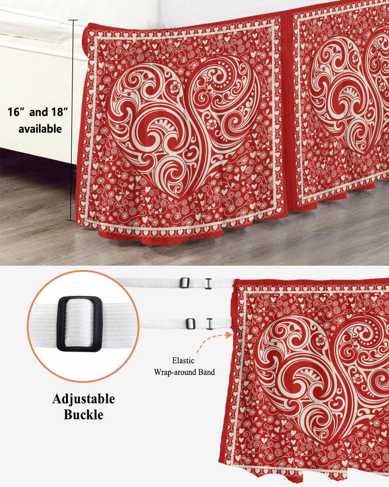 Valentine's Day Wrap Around Bed Skirts for California King Bed 16" Drop,Bed Skirt with Adjustable Elastic Belt Dust Ruffle Bed Valance Red Love Vintage Country Abstract Art Bed Frame Cover
