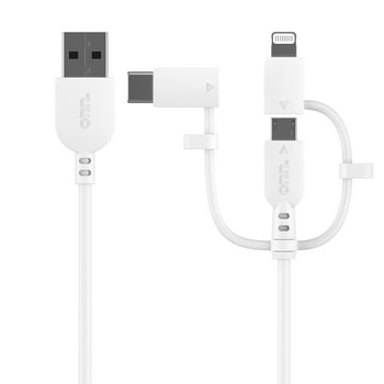 onn. TRI-TIP 6' WHT. Includes Micro-USB, Lightning and USB-C connectors. Transfers data while charging
