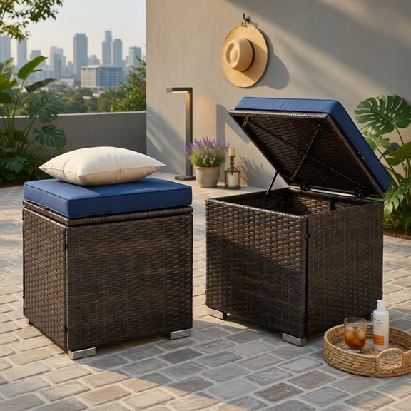 Resenkos 2 Pieces Patio Ottoman with Removable Cushions-Navy, All Weather Wicker Ottoman, Outdoor Patio Ottomans