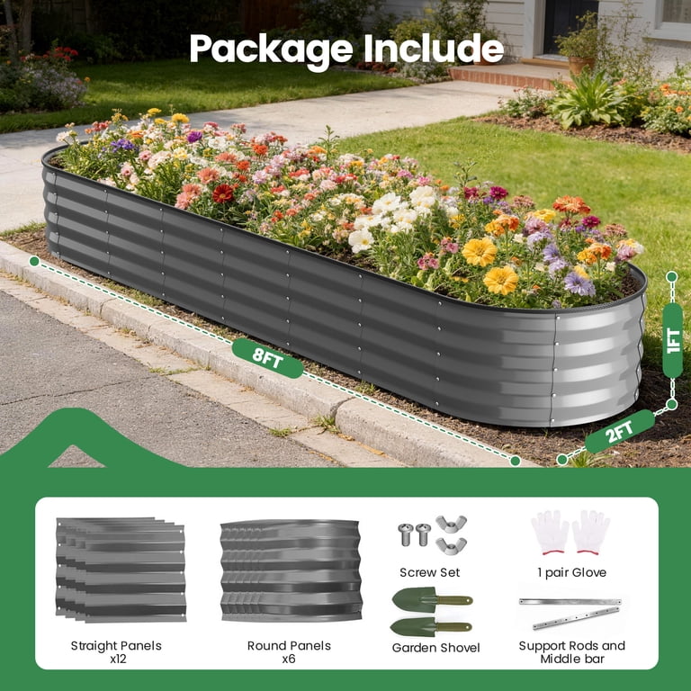 GVDV Raised Garden Bed Outdoor, 8x2x1ft Backyard Large Metal