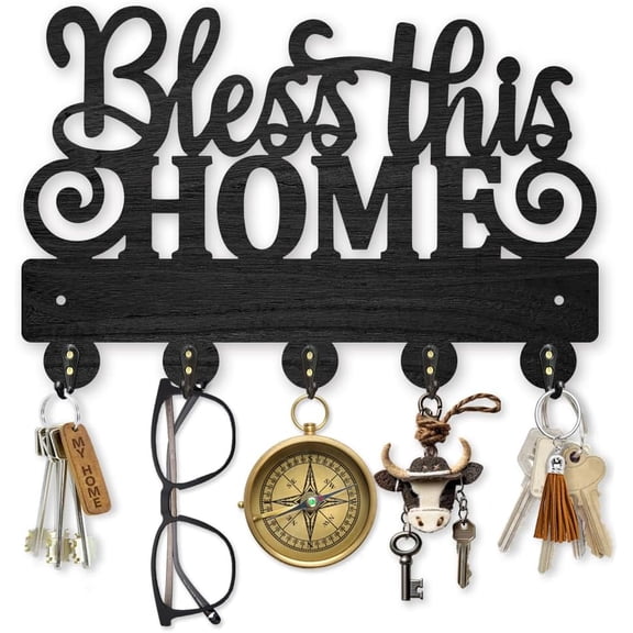 "Bless This Home Wooden Key Hook Blessing Sign Coat Holder for Wall 11.87.8inch Black Art Key Holder with 5 Alloy Hooks for Entryway Front Door Kitchen Office Decor