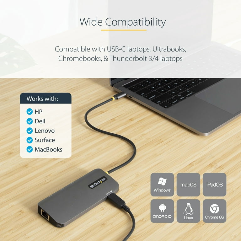 StarTech.com USB C Multiport Adapter, 4K 60Hz HDMI Video, 3 Port 5Gbps USB  Hub, 100W Power Delivery Pass-Through, GbE, 12/30cm Cable, Mini Travel