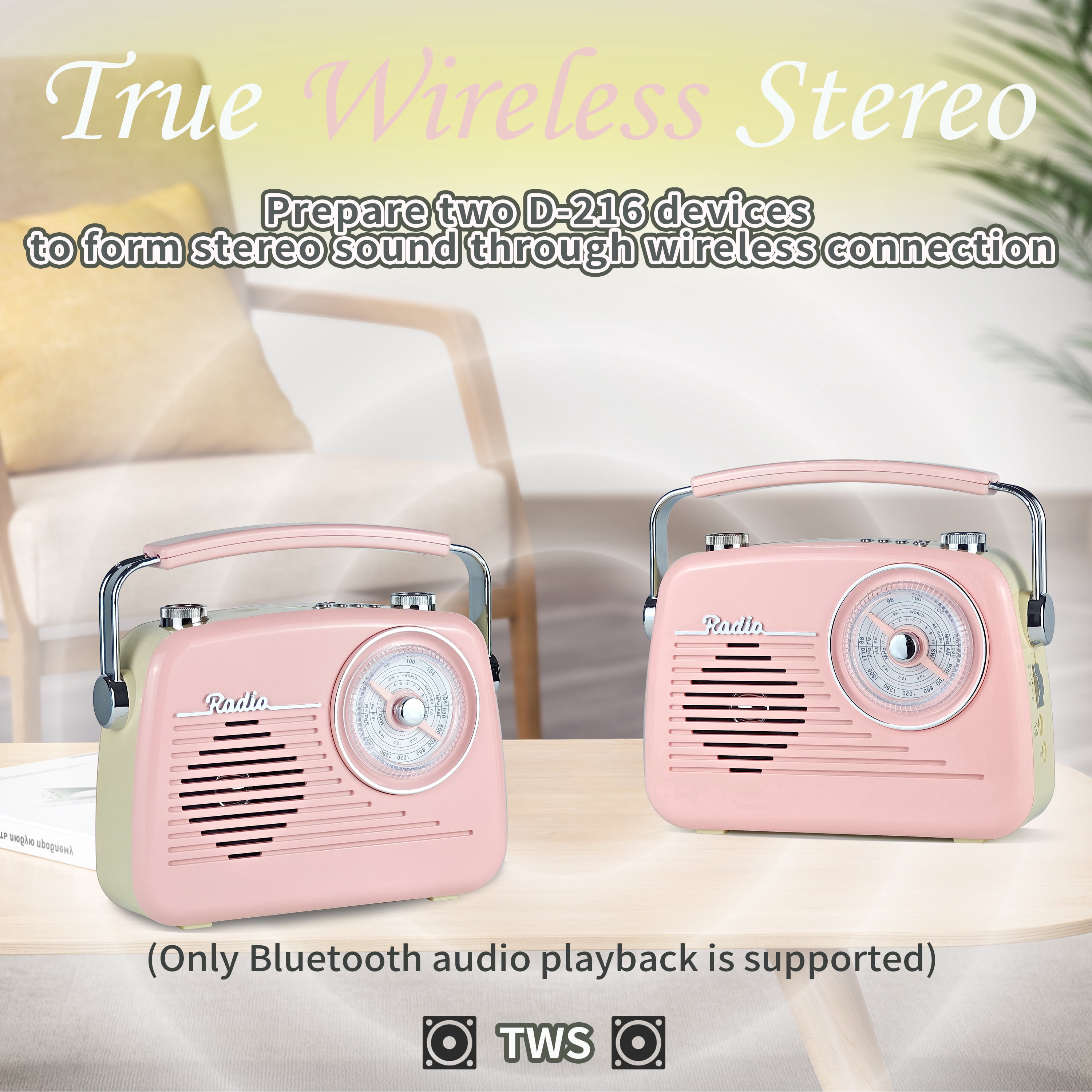 Portable Radio AM FM Shortwave Vintage Radio, Great Reception Receiver Bluetooth Speaker Plug in Wall, Support USB Drive/TF Card, Good Sound for Family or Friend for Home/Outdoors/Kitchen (Pink)