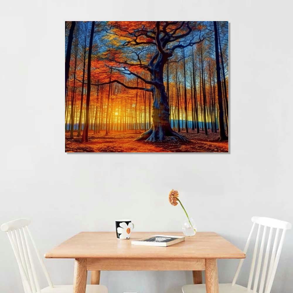 Nawypu Canvas Wall Art Red Trees Forest Sunset Panoramic