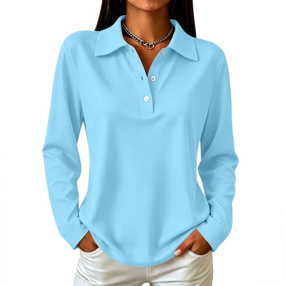 Womens Polo Shirts Long Sleeve Collared Button Vintage Cute Fall Tops, M