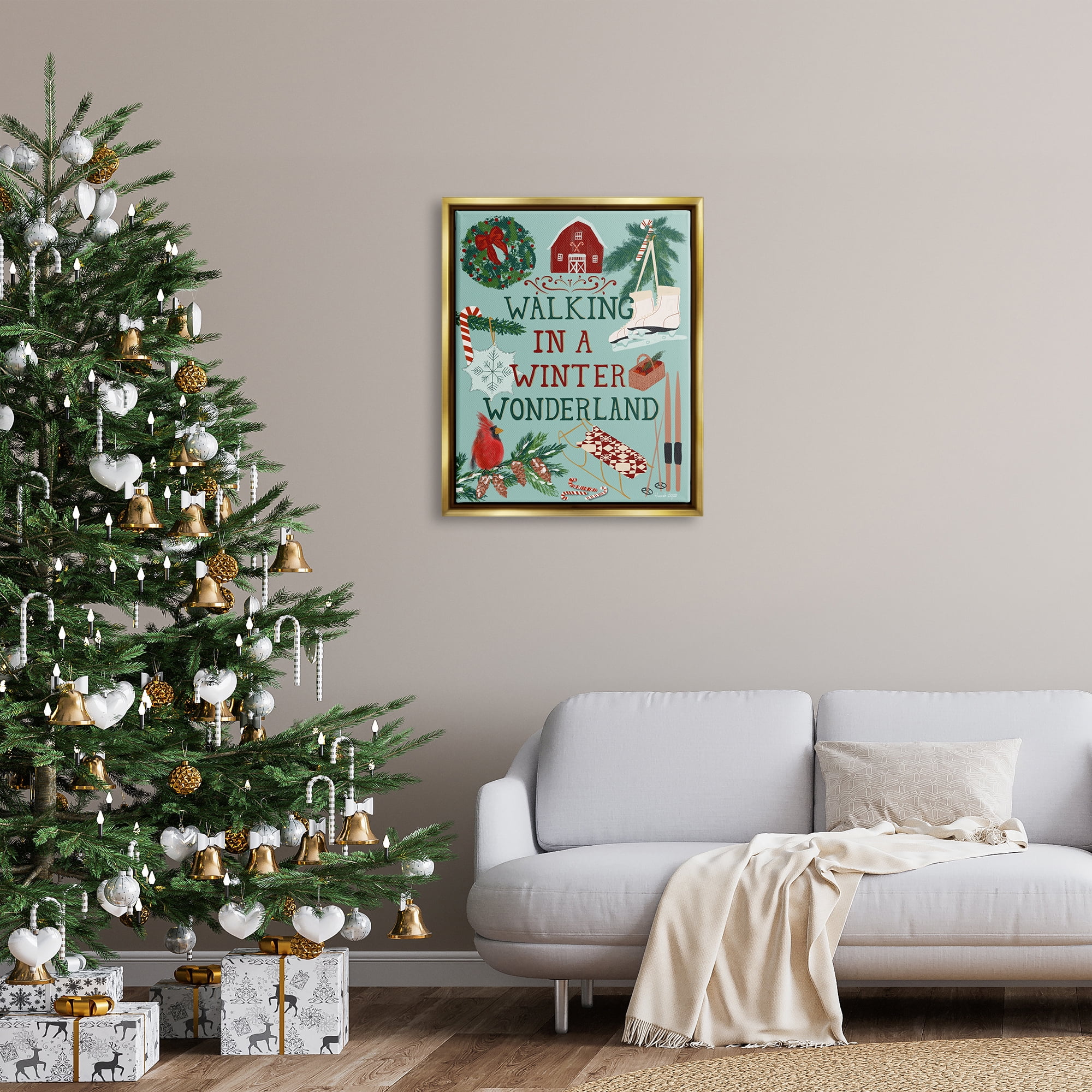Stupell Industries Winter Wonderland Phrase Holiday Painting Gold Floater Framed Art Print Wall Art, 25 x 31