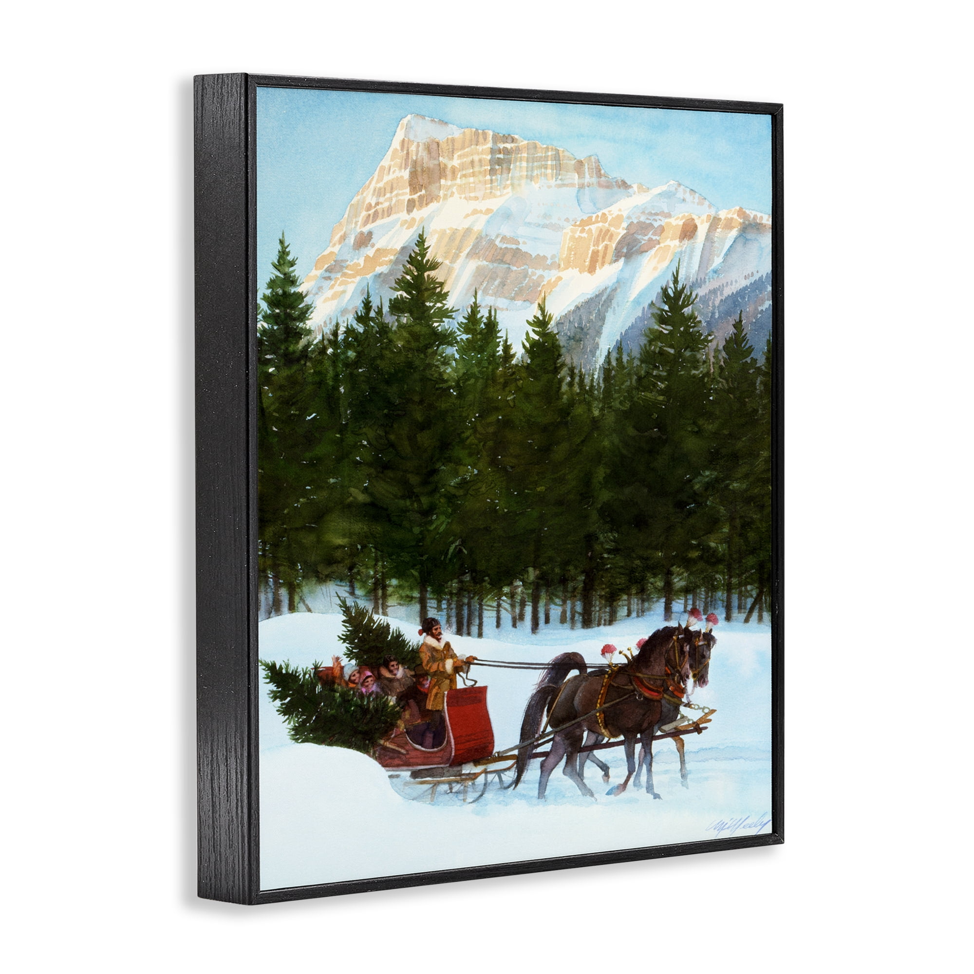 Sleigh Ride Carrying Trees Black Framed Giclee Art, design by Wind River Studios