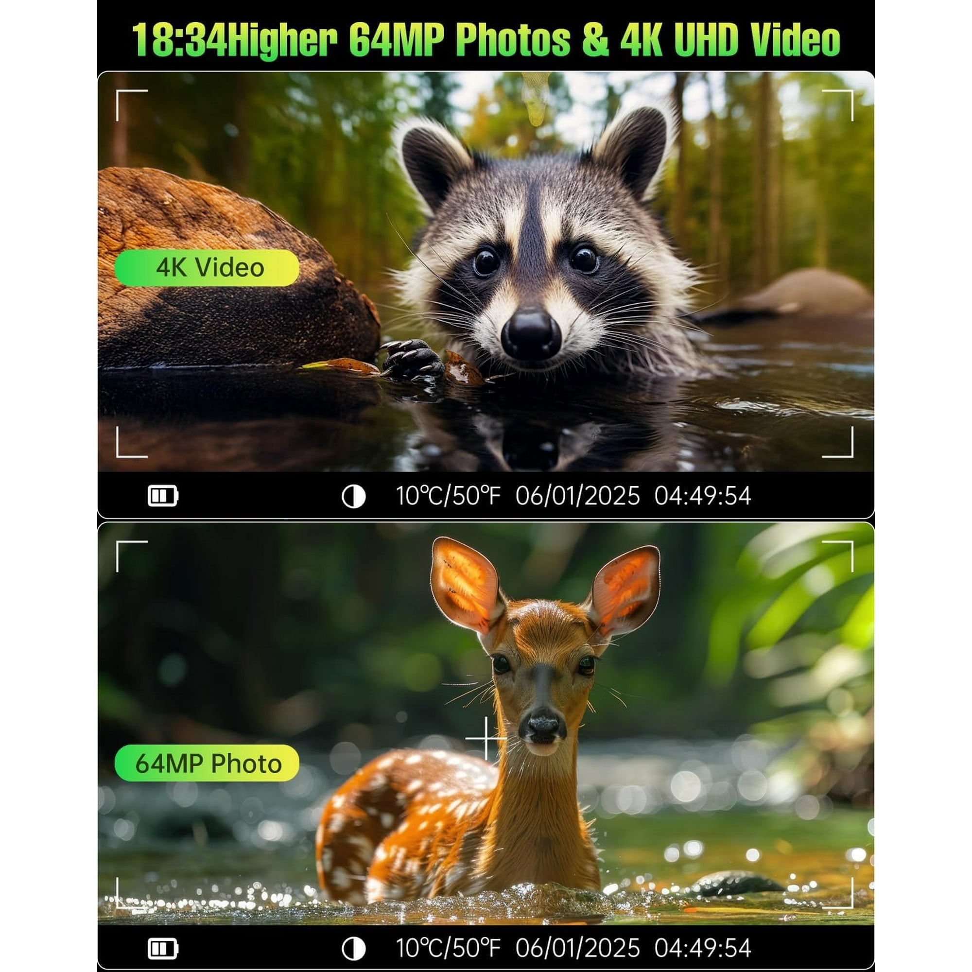 Trail Camera Solar Trail Cam - 4K 64MP Trail Cameras with Night Vision, IP67 Waterproof Camera for Deer Wildlife Monitoring Hunting with 64GB Memory Card