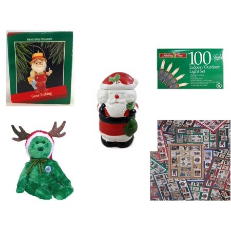 Christmas Fun Gift Bundle [5 Piece] - Hallmark Gone Fishing Handcrafted Ornament -  Time 100 Light Indoor/Outdoor Light Set - 3 Piece Santa Potpourri Tealight Warmer  - Ty Beanie Babies Reindeer