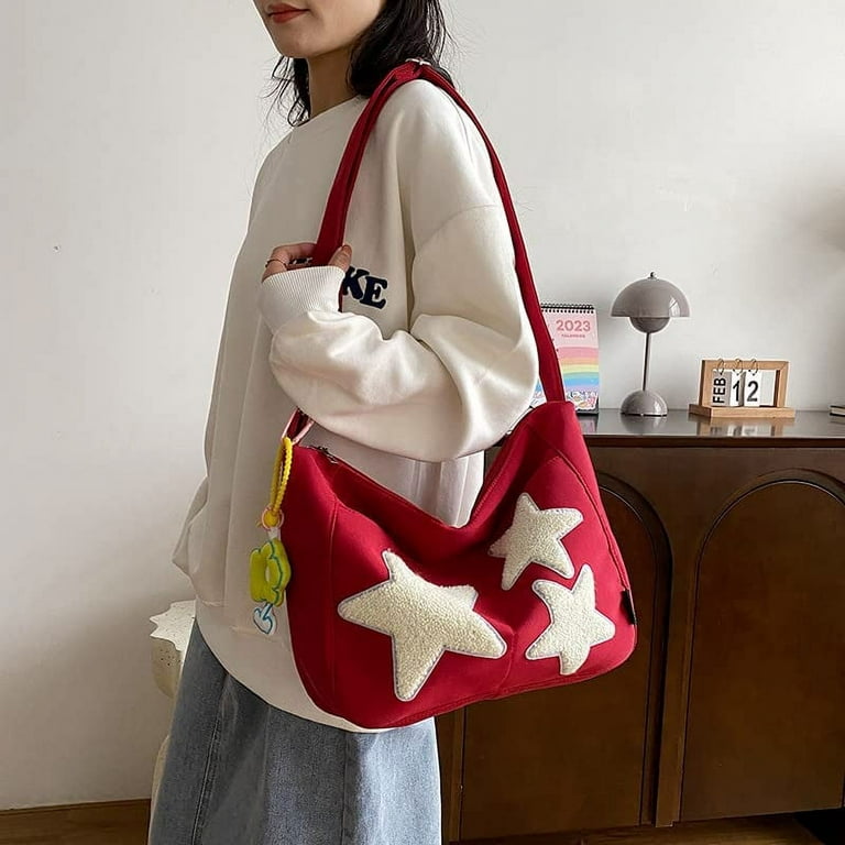 Danceemangoo Fairycore Canvas Tote Bag Aesthetic Y2K Star Crossbody Bags Grunge Preppy Handbag with Kawaii Accessories (Red), Adult Unisex, Size: 