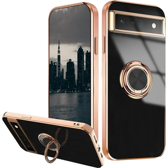 Compatible with Google Pixel 6A Case Ring Holder Magnet Green, Google Pixel 6A Phone Case Silicone Shockproof Plate Luxury Slim Cover (Google Pixel 6A, Black)