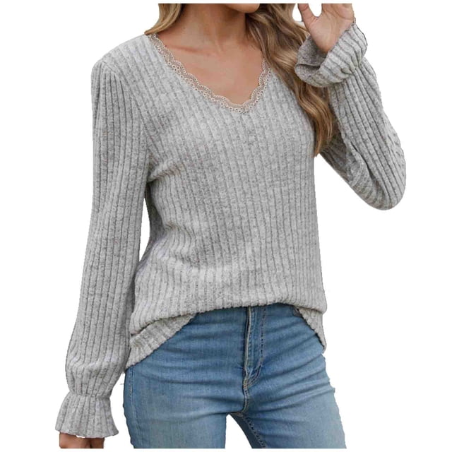 Yuyuzo Sweater for Womens Ribbed Knit Ruffle Long Sleeve V Neck Loose Casual Solid Color Fall Pullover Tops