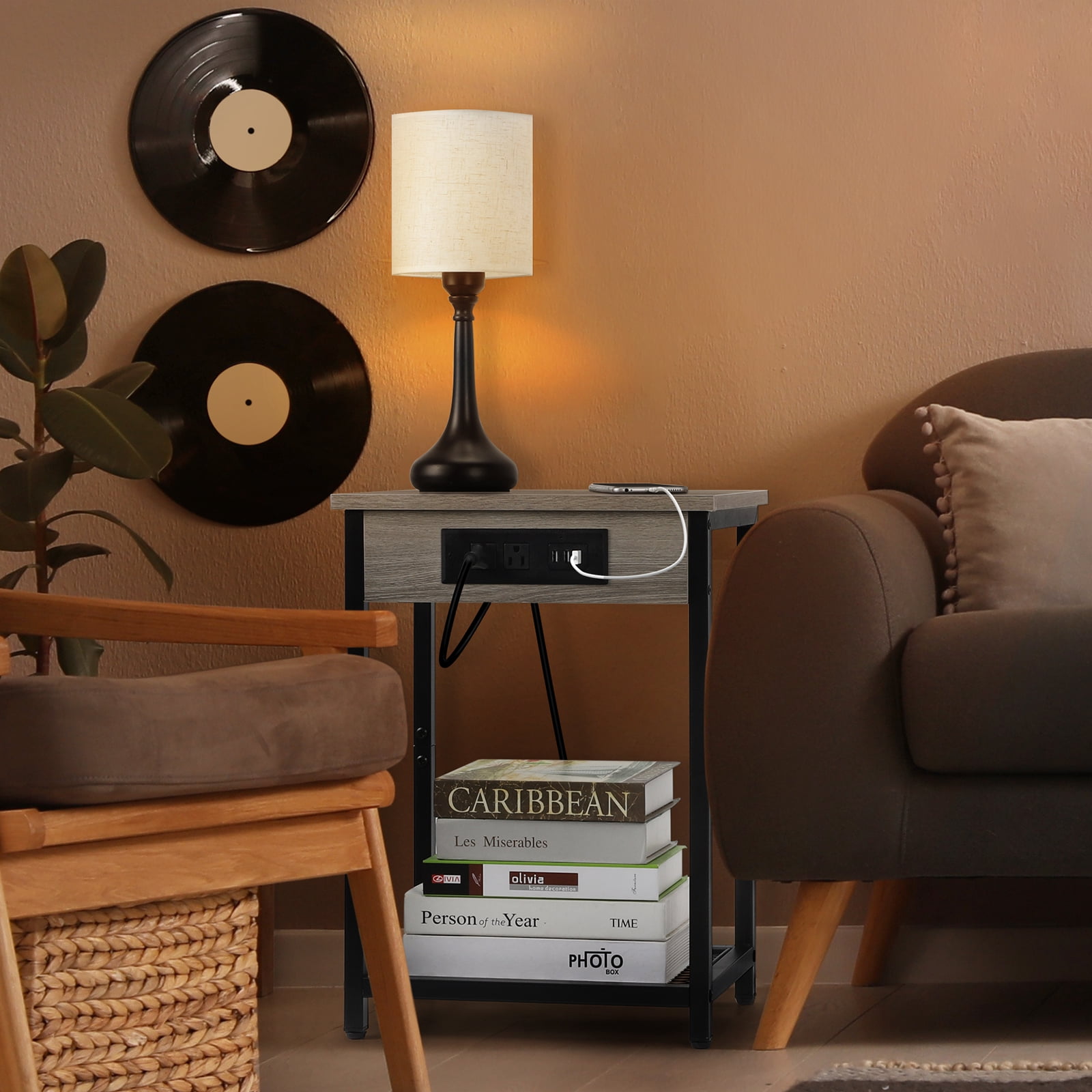 Oumilen Adult Nightstand End Table with Charging Station Gray, Set of 2