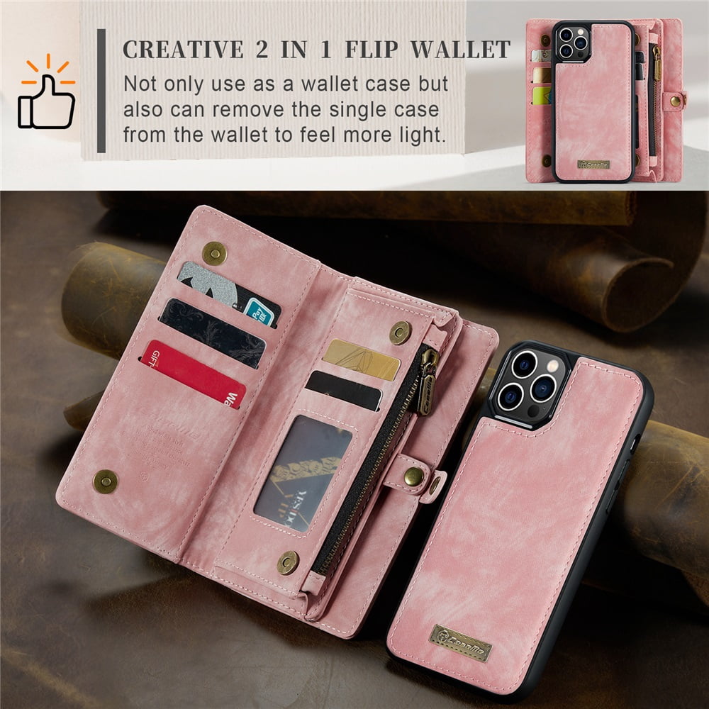 CaseMe Leather Case for iPhone 12 Pro,2 in 1 Detachable Wallet Case with 8-Card Holder Zipper Bills Slot,Magnetic Shockproof Flip Leather Cover Zipper Pocket Phone Cases,Pink,For iPhone 12 Pro