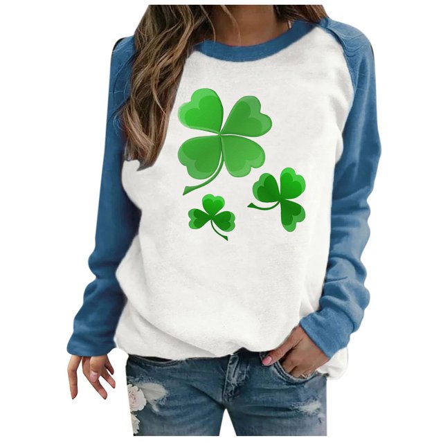Bowake Chandail en Molleton pour Femmes de la Saint-Patrick Imprimé Col Rond Manches Longues Raglan Haut Décontracté Ample