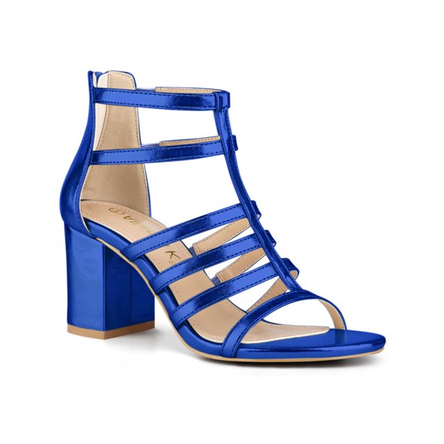 BLISSFUL STEP Women's Shoes Strappy Roman Block Heel Sandals Deep Blue 8.5