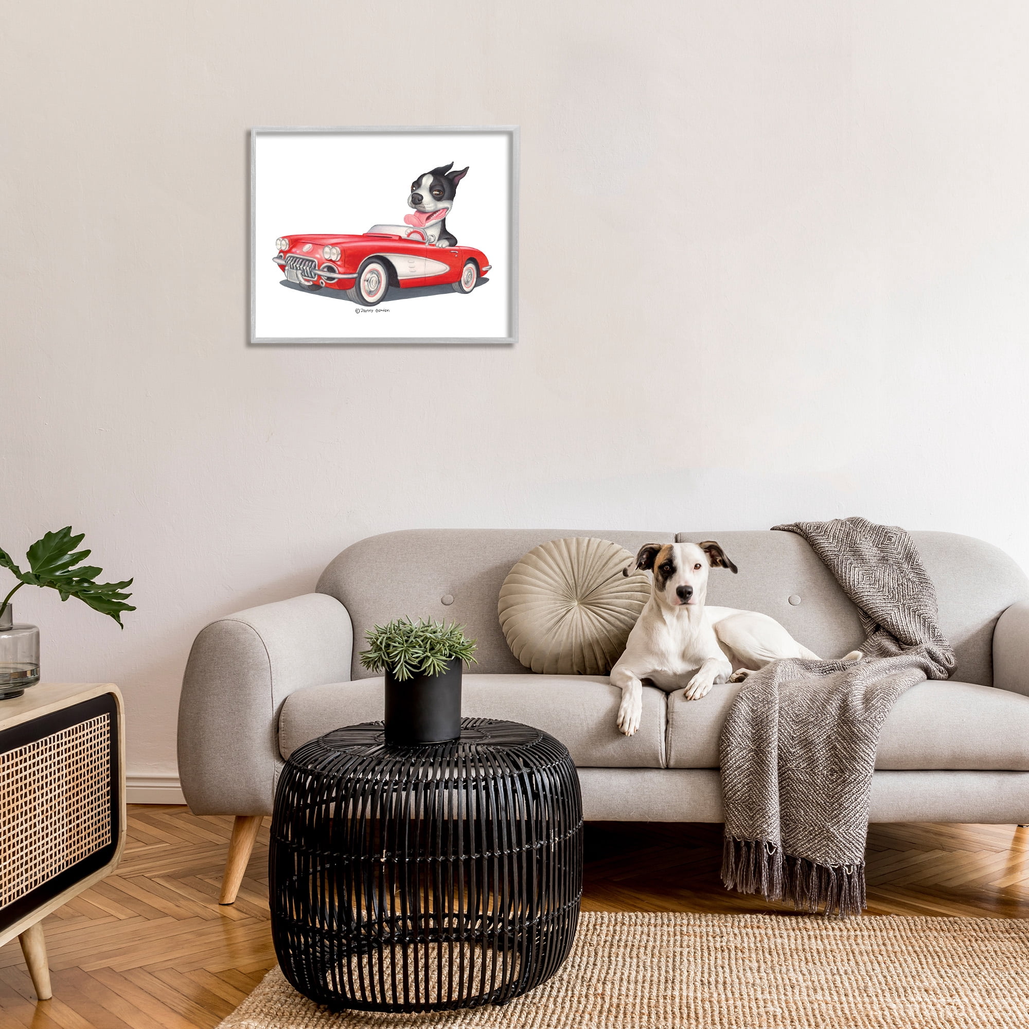 Stupell Industries Dog Driving Vintage Convertible Animals & Insects Painting Gray Framed Art Print Wall Art, 30 x 24