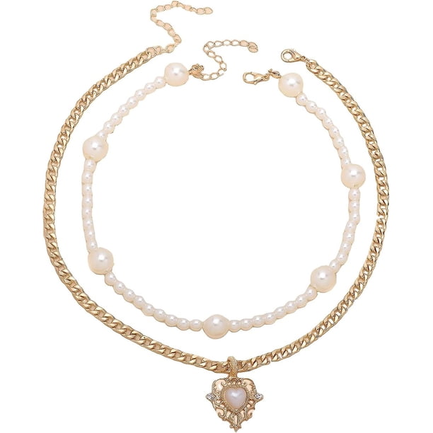 Htooo Mujer 2 Piezas Collares en Capas de Perlas de imitación Collar de Gargantilla con Forma de corazón Collares en Capas Chapados en Oro Joyas