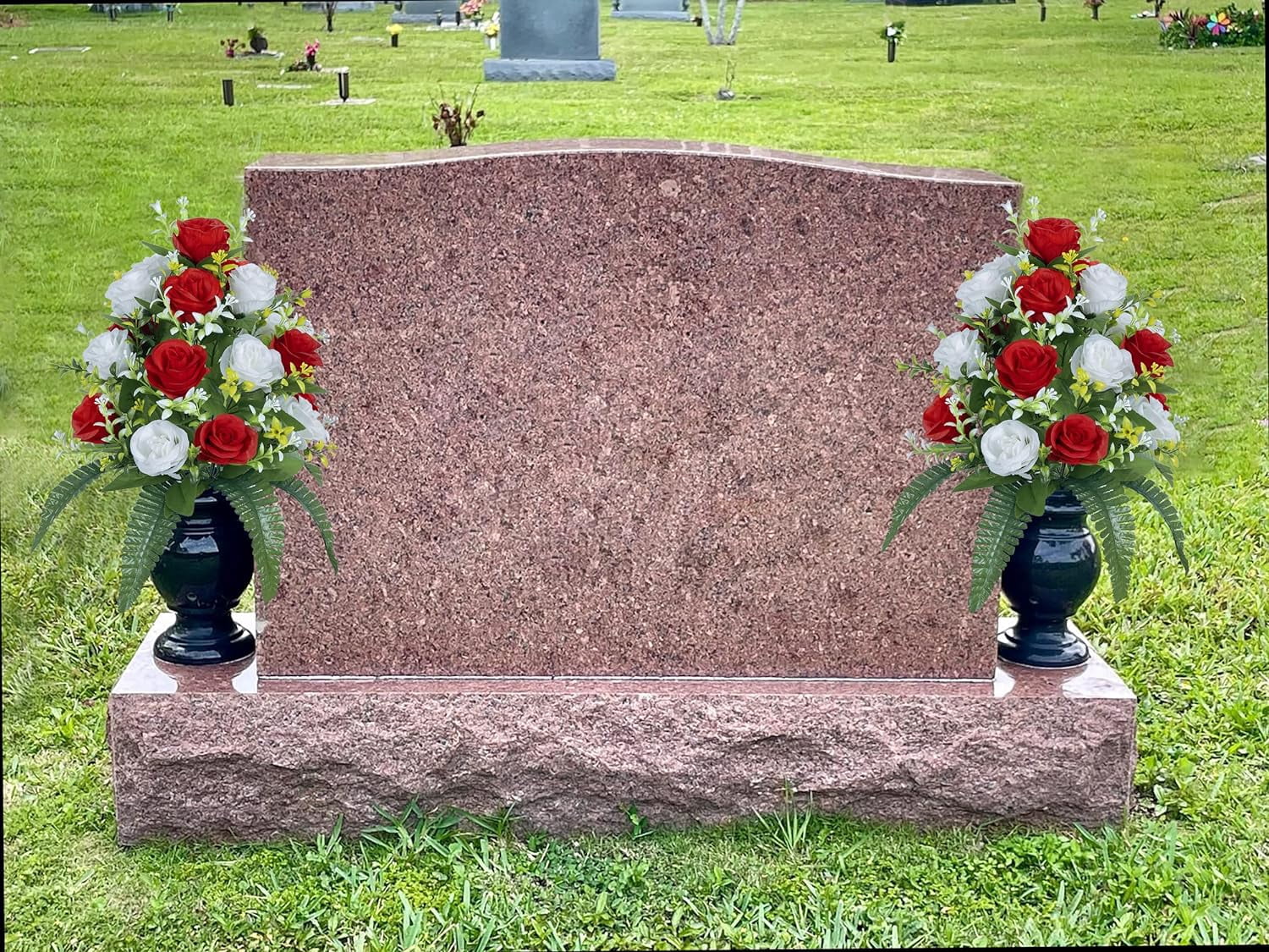 Artificial Cemetery Flowers， Outdoor Grave Decorations Roses，Accompanied by 2 Long Nail Vases，Lasting and Non-Bleed Colors (18 Heads (red, Blue, White))